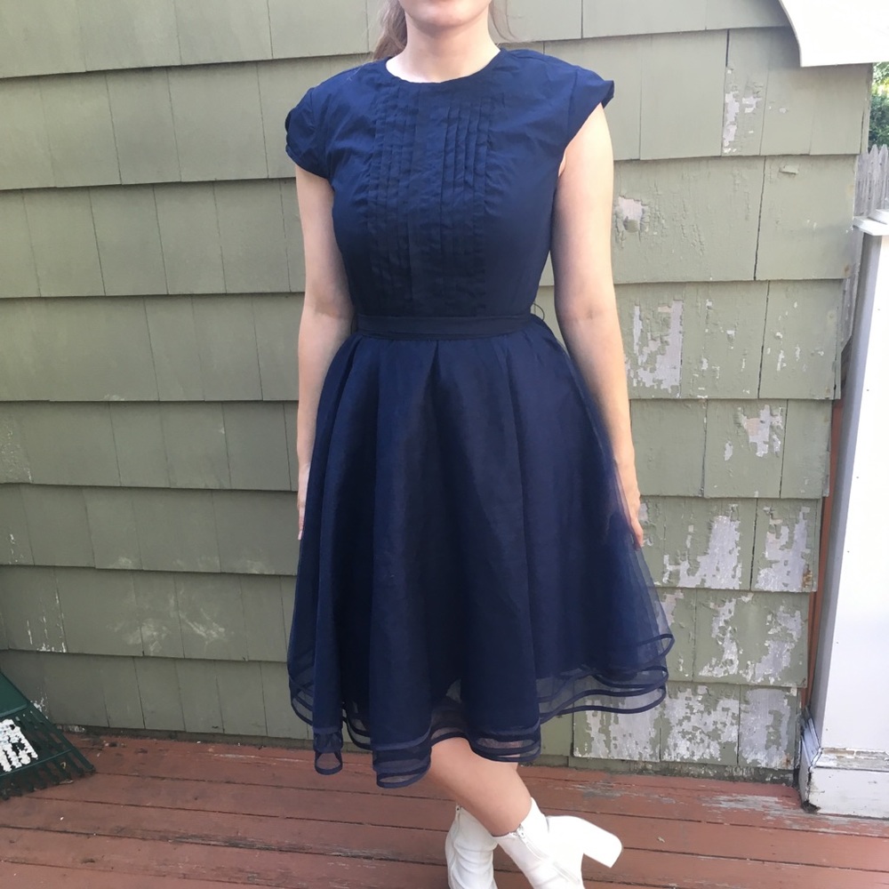 Eshakti Navy Blue Tulle Skirt Flare Dress - Picture 3 of 5